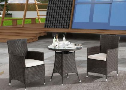 3-Piece Wicker Outdoor Dining Set with White Cushions