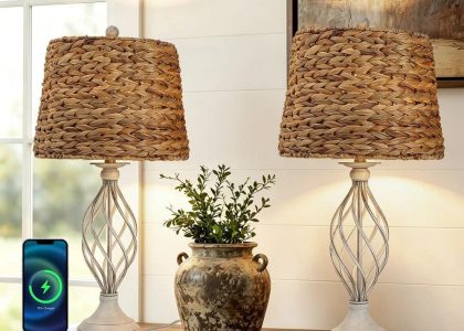 27.6 in. White Natural Woven Farmhouse Table Lamp with USB Charging Port for Living Room and Bedroom (Set of 2)